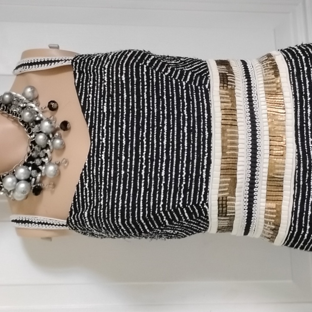 Escada 10 40 Black Gold Cream Tweed Boucle Striped Midi Dress - Picture 2 of 4
